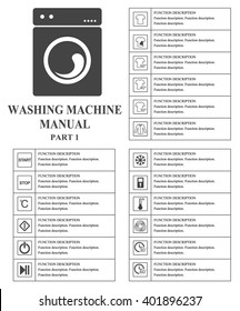 Oven manual symbols. Part 1 Instructions. Signs and symbols for washing machine exploitation manual. Instructions and function description. Vector isolated illustration.
