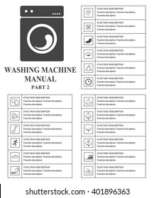 Oven manual symbols. Part 2 Instructions. Signs and symbols for washing machine exploitation manual. Instructions and function description. Vector isolated illustration.