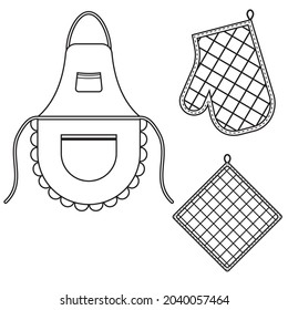 Oven Mitt And Oven Mitt And Apron Hanging On The Rack On Hooks, Black Contour Isolated Vector Illustration.