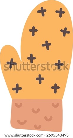An oven mitt with cross patterns and a textured cuff in a flat style. The glove features a simple design with decorative elements. Cartoon vector illustration.