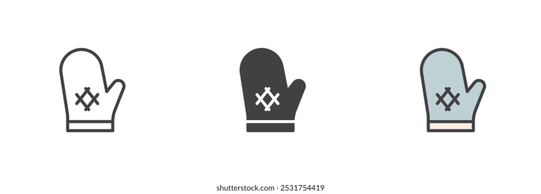 Oven mitt different style icon set. Line, glyph and filled outline colorful version, outline and filled vector sign. Kitchen mitten symbol, logo illustration. Vector graphics