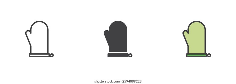 Oven mitt or oven glove different style icon set. Line, glyph and filled outline colorful version, outline and filled vector sign. Pot holder symbol, logo illustration. Vector graphics