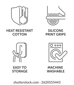 Forno luvas luvas propriedades ícones conjunto - algodão resistente ao calor, Silicone imprimir alças, Fácil de armazenar, máquina lavável. Pictogramas para rotulagem em linha fina