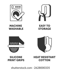 Forno luvas luvas propriedades ícones conjunto - algodão resistente ao calor, Silicone imprimir alças, Fácil de armazenar, máquina lavável. Pictogramas de rotulagem monocromática