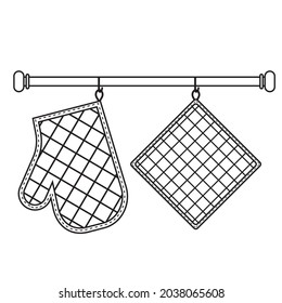 Oven Mitt And Oven Mitt Hanging On The Rack On Hooks, Black Contour Isolated Vector Illustration In Flat Style