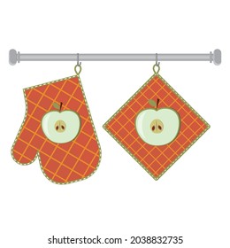 Oven Mitt And Oven Mitt Hanging On The Rack On Hooks, Color Isolated Vector Illustration In The Flat Style