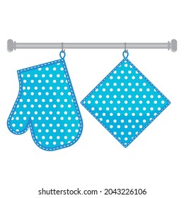 Oven Mitt And Oven Mitt Hanging On The Rack On Hooks, Color Isolated Vector Illustration In The Flat Style