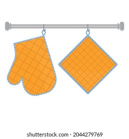 Oven Mitt And Oven Mitt Hanging On The Rack On Hooks, Color Isolated Vector Illustration In The Flat Style