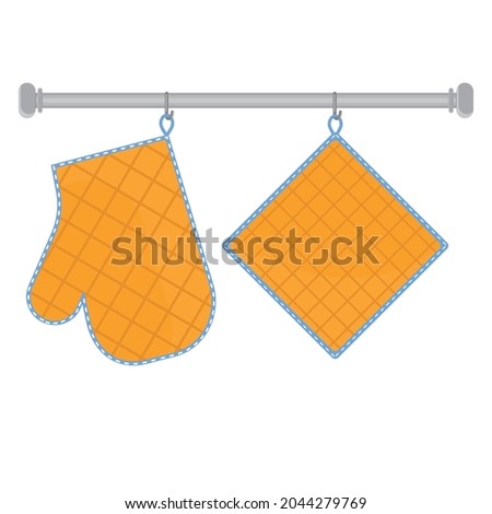 Oven mitt and oven mitt hanging on the rack on hooks, color isolated vector illustration in the flat style