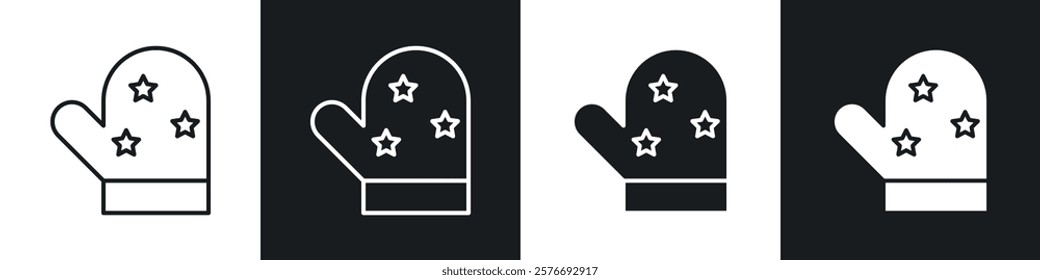 Oven mitt icons collection in black and white solid and line style