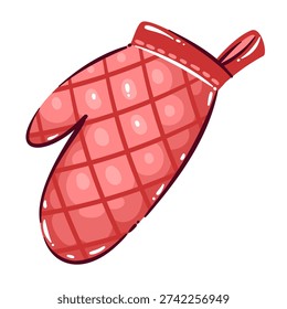 Oven mitt kitchen glove for baking and cooking safety. Quilted fabric oven mitt with grid stitching and hanging loop detail. Doodle outline kitchen accessory icon, cartoon vector illustration.