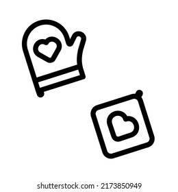 Oven mitt and potholder with hearts. BBQ mitten. Sketch. Overalls to protect hands from burns. Vector illustration. Coloring book for children. The glove is essential in the kitchen