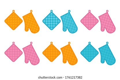 Oven mitt and potholder. Vector. Kitchen accessory isolated on white background. Cooking mitten, oven-glove in flat design. Kitchenware icon. Color illustration.