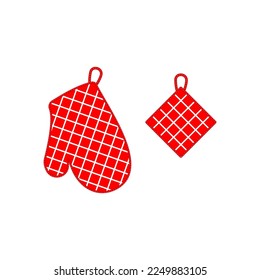 Oven mitt and potholder. Vector. Kitchen accessory isolated on white background. Cooking mitten, oven-glove in flat design. Kitchenware icon. Color illustration.