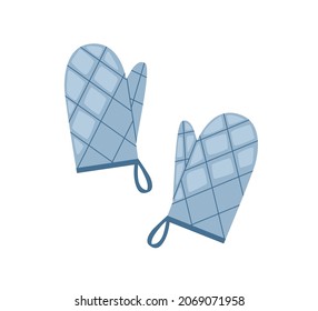 Oven mitts. Kitchen safety gloves with quilted squares. Pair of hand potholders with loops hangers. Pot holders for protection from hot. Flat vector illustration isolated on white background