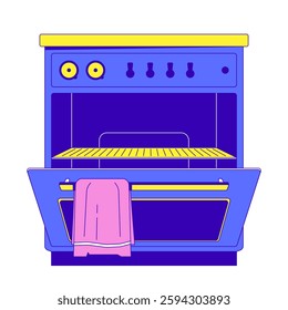 Oven with open door, revealing empty rack 2D cartoon object. Kitchen towel hangs from handle appliance. Baking equipment isolated element flat vector clipart on white background. Spot illustration