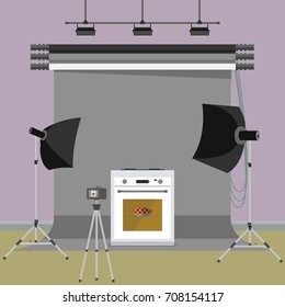 Oven with pie in photo studio. Flat design stock vector illustration