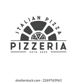 Oven and pizza logo template vector. Vintage pizzeria logotype with grunge. Italian pizza flat logo design.