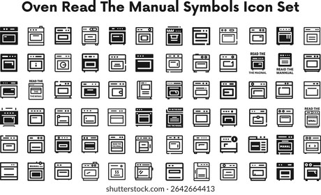 oven Read the Manual Symbols Icon Set.eps, logo illustrations, web symbols, outline style pictograms package isolated on white background. Vector graphics. stock illustration