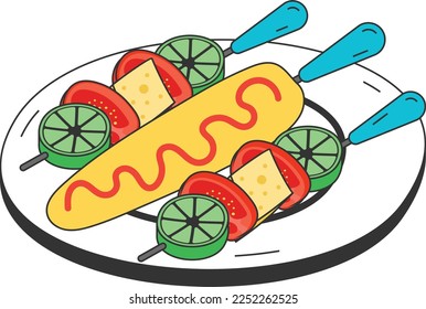Horno de maíz asado en la Cob con verduras concepto de diseño de iconos vectoriales, símbolo de comida rápida, señal de comida chatarra, popular aperitivos de buen gusto baratos