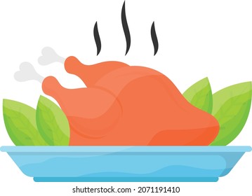 Oven Roasted Turkey In Pan With Fresh Vegetable Concept, Thanksgiving Day Dinner Vector Icon Design, Harvest Festival Symbol, Secular Holiday Sign, Religious And Cultural Traditions Stock Illustration