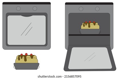 horno, simple icono del horno. horno abierto con tarta, horneado en horno, tarta, símbolo al horno.