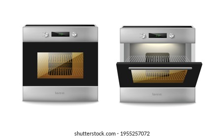 Oven or stove with closed and open door, realistic vector illustration isolated.