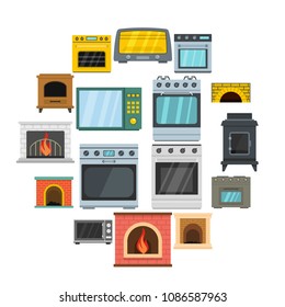 Oven stove furnace fireplace icons set. Flat illustration of 16 oven stove furnace fireplace vector icons for web