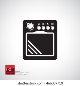 Oven, stove icon vector app, isolated and detailed black. Electric or gas hob with handles and closed glass door.