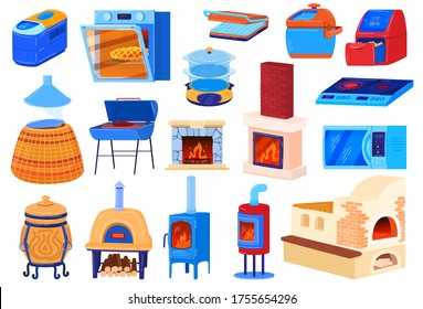 Oven stove vector illustrations. Cartoon flat set for cook food in kitchen with electric or gas hob stove, old iron wood burning stove with firewood and fire, microwave, BBQ grill isolated on white