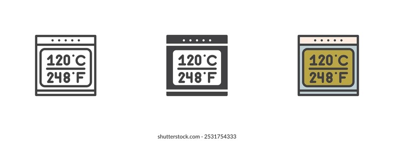 Oven temperature control different style icon set. Line, glyph and filled outline colorful version, outline and filled vector sign. Kitchen stove Symbol, logo illustration. Vector graphics