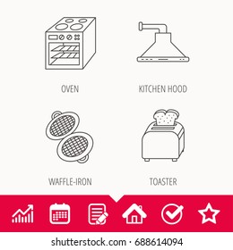 Oven, toaster and waffle-iron icons. Kitchen hood linear sign. Edit document, Calendar and Graph chart signs. Star, Check and House web icons. Vector