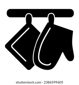 Oven-glove and potholder solid icon, Kitchen accessory concept, Heat protective home textile sign on white background, Oven mitt and potholder hang on rack icon in glyph. Vector graphics