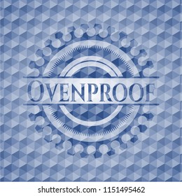 Ovenproof blue badge with geometric background.