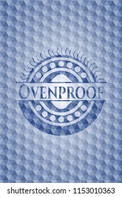 Ovenproof blue emblem with geometric background.