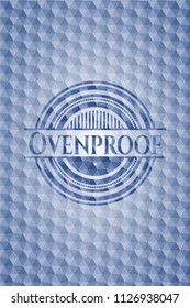 Ovenproof blue emblem with geometric pattern background.