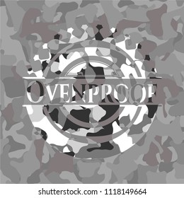 Ovenproof on grey camo texture