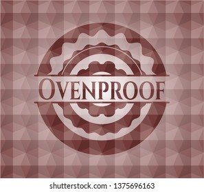 Ovenproof red emblem or badge with abstract geometric pattern background. Seamless.