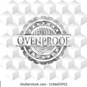 Ovenproof retro style grey emblem with geometric cube white background