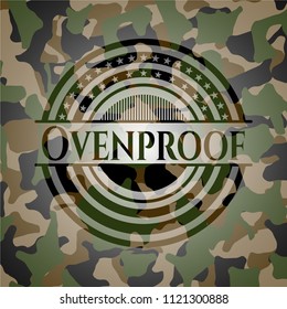 Ovenproof written on a camouflage texture
