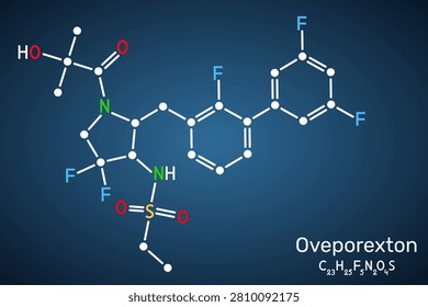 Oveporexton molecule, orexin receptor agonist and wakefulness-promoting agent. For the treatment of narcolepsy types 1 and 2, and idiopathic hypersomnia. Skeletal chemical formula . Dark blue background