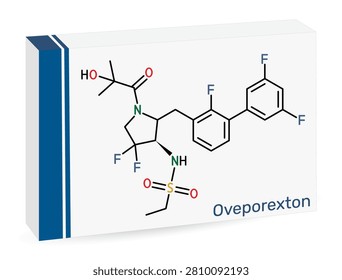 Oveporexton molecule, orexin receptor agonist and wakefulness-promoting agent. For the treatment of narcolepsy types 1 and 2, and idiopathic hypersomnia, paper packaging mockup.