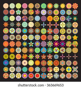 Over 100 flower icon in color, mod flowers, flat style floral circle blooms. Super bundle of  floral circular design elements. silhouette icons, isolated. 