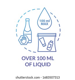 Over 100 ml of liquid concept icon. Airplane passenger hand luggage limit idea thin line illustration. Airport baggage control. Vector isolated outline RGB color drawing