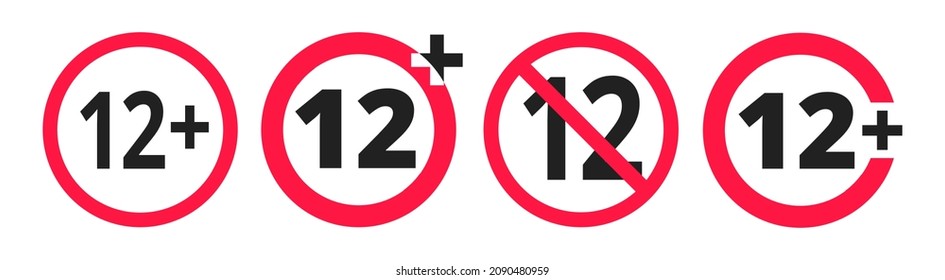 Over 12 years old plus forbidden round icon sign vector illustration set. Twelve or older persons adult content 12 plus only rating isolated on white background.