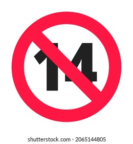 Más de 14 años de edad más ilustración vectorial de símbolo redondo prohibido. Más de 14 personas mayores o solamente adultos de la clasificación de contenido aislado en fondo blanco.