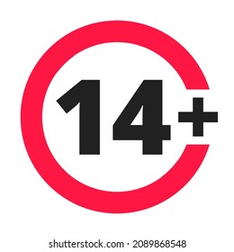 Over 14 years old plus forbidden round icon sign vector illustration. 14 plus only or older persons adult content rating isolated on white background.