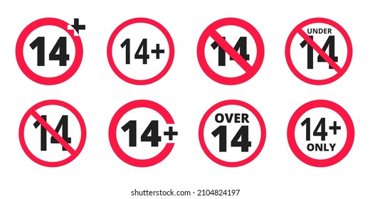 Mehr als 14 Jahre alt plus unerlaubtes rundes Symbol Zeichen Vektorgrafik Set. 14 plus nur oder ältere Personen Bewertung des Inhalts von Erwachsenen einzeln auf weißem Hintergrund.