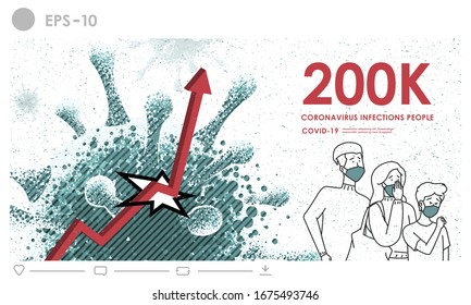 Over 200K people have Corona virus in the world. Breaking news Corona virus and flu outbreak in 2020. Covid-19 strain cases as a pandemic. Epidemic coronavirus disease cells illustration concept.