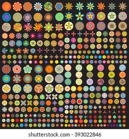 Over 300 flower icon in color, mod flowers, flat style floral circle blooms. Super bundle of  floral circular design elements. silhouette icons, isolated. 